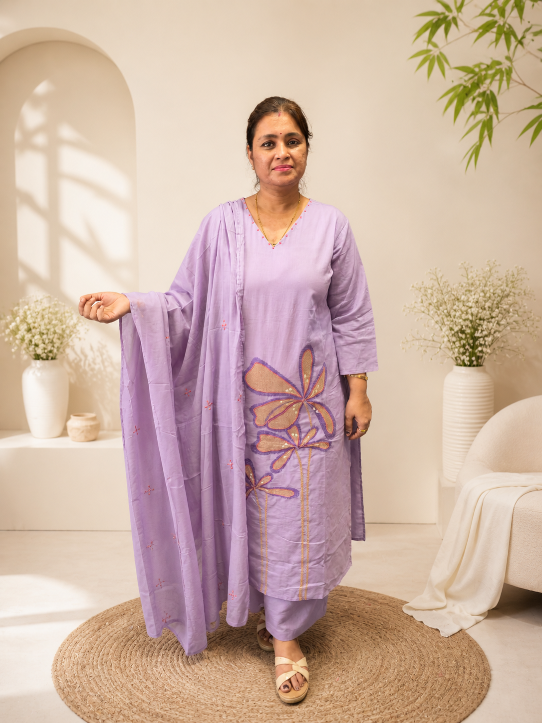 Elegant Lavender Embroidered Cotton Suit Set with Dupatta || D9 ||