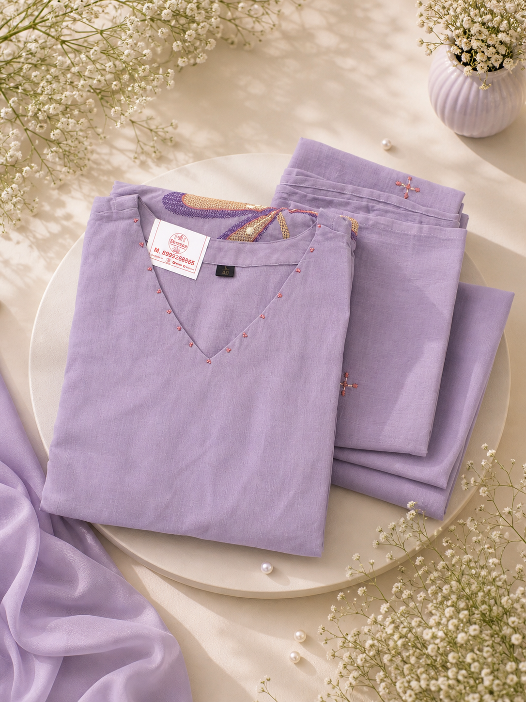 Elegant Lavender Embroidered Cotton Suit Set with Dupatta || D9 ||