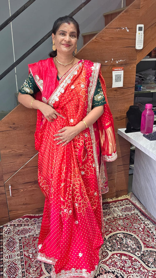 Pure gajji silk multi shade bandhej saree with gotta patti hand stich border