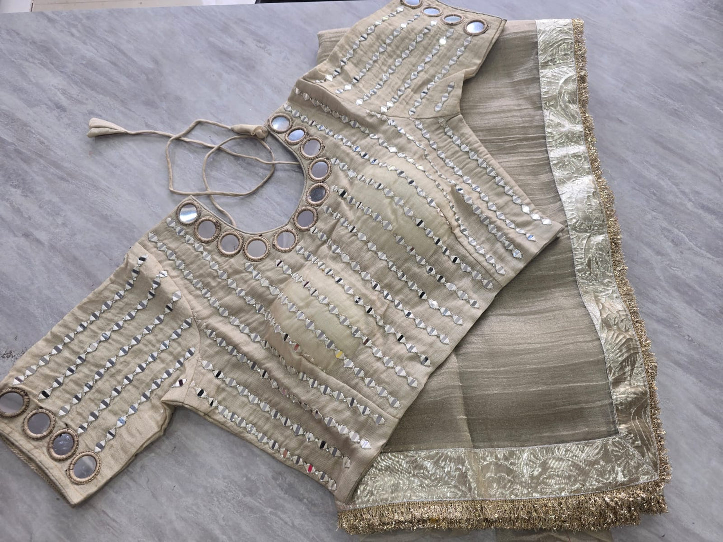 Elegant Champagne Gold Shimmer Saree with Heavy Mirror Work Stitched Blouse