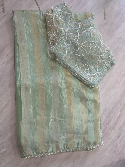 “Pastel Designer Saree with Pearl Work Blouse – Elegant Party Wear Collection” || SSB001 ||