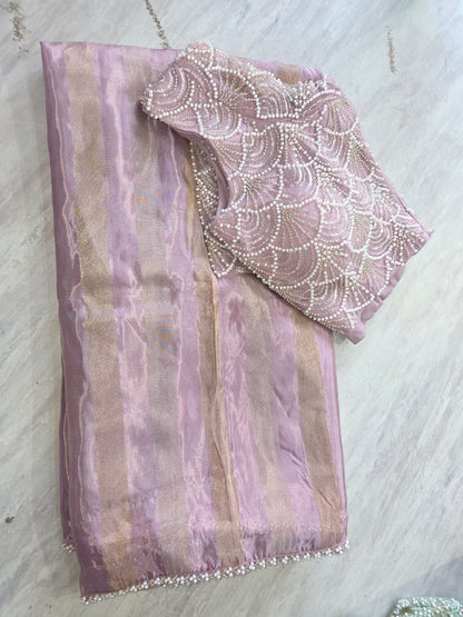 “Pastel Designer Saree with Pearl Work Blouse – Elegant Party Wear Collection” || SSB001 ||