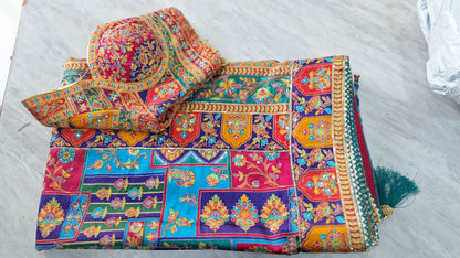 “Royal Phulkari Elegance – Multicolor Mirror Embroidered Saree Set”