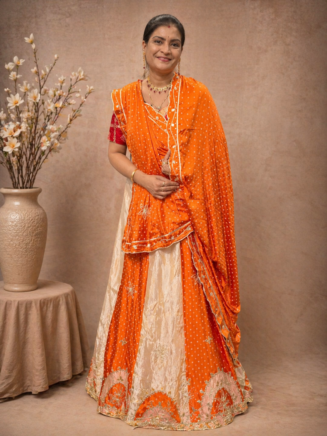 Lehanga, bandhej Tissue Silk with Modal Gajji Fabric Lehnga with Kaccha Gotta Pati work