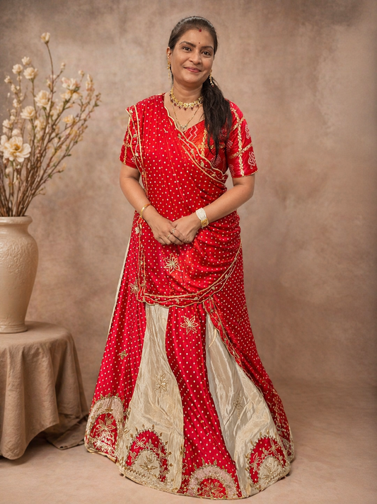 Lehanga, bandhej Tissue Silk with Modal Gajji Fabric Lehnga with Kaccha Gotta Pati work