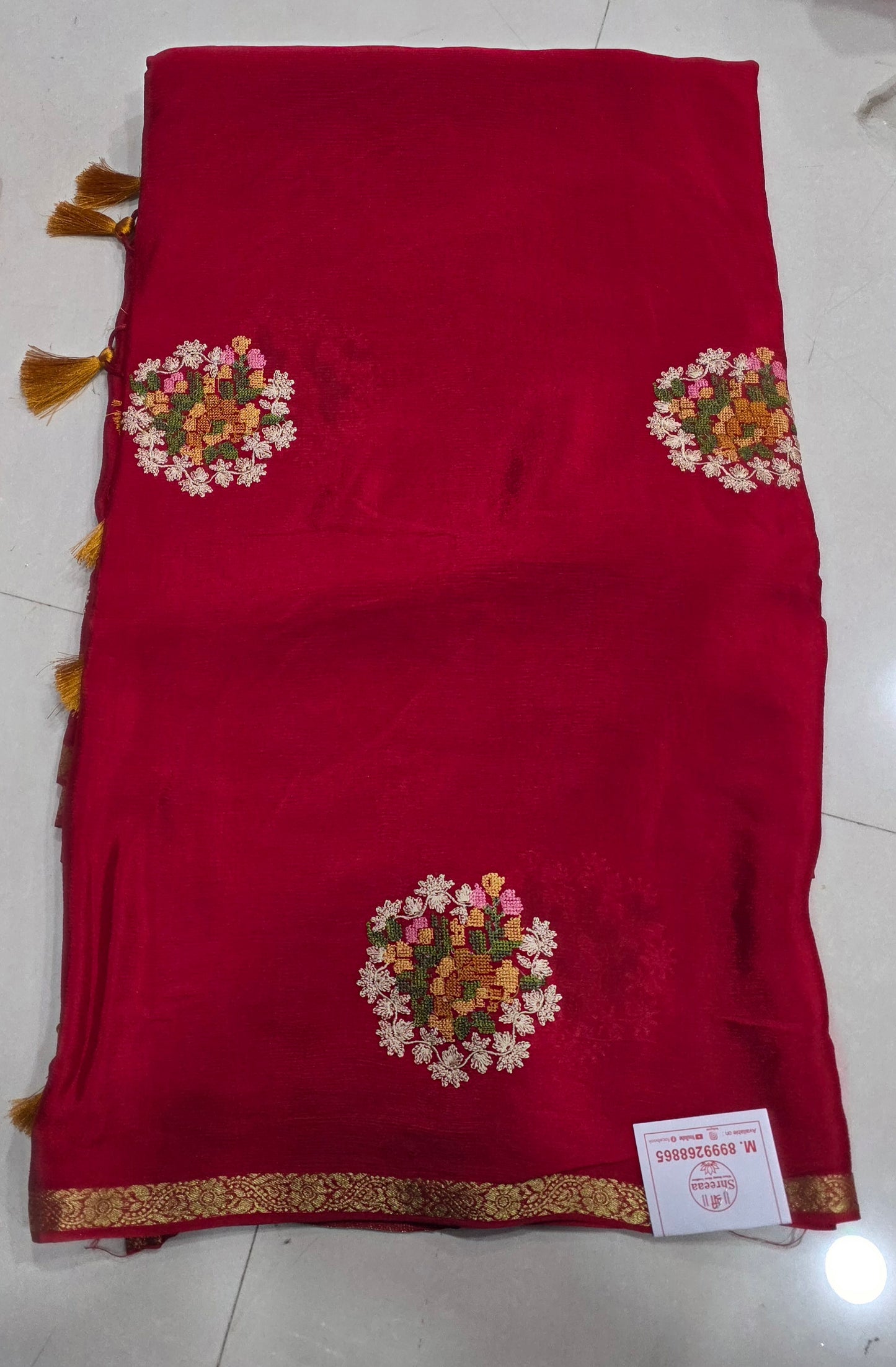 Hand Embroidery Chinnon Sareee || A120 || 2690 ||