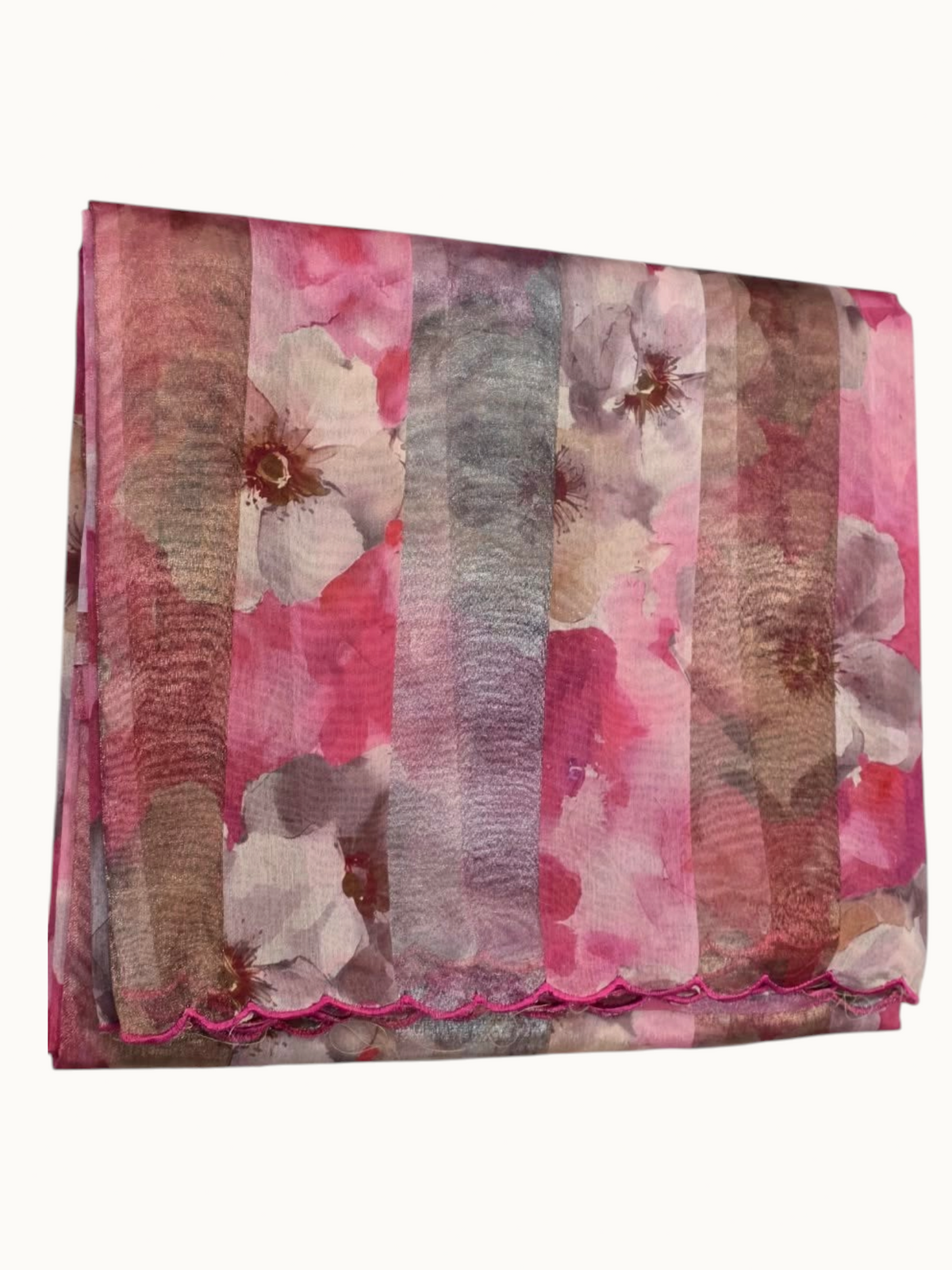 Shri Shreeaa pink floral organza saree with a delicate scalloped edge, folded to show the sheer fabric texture.