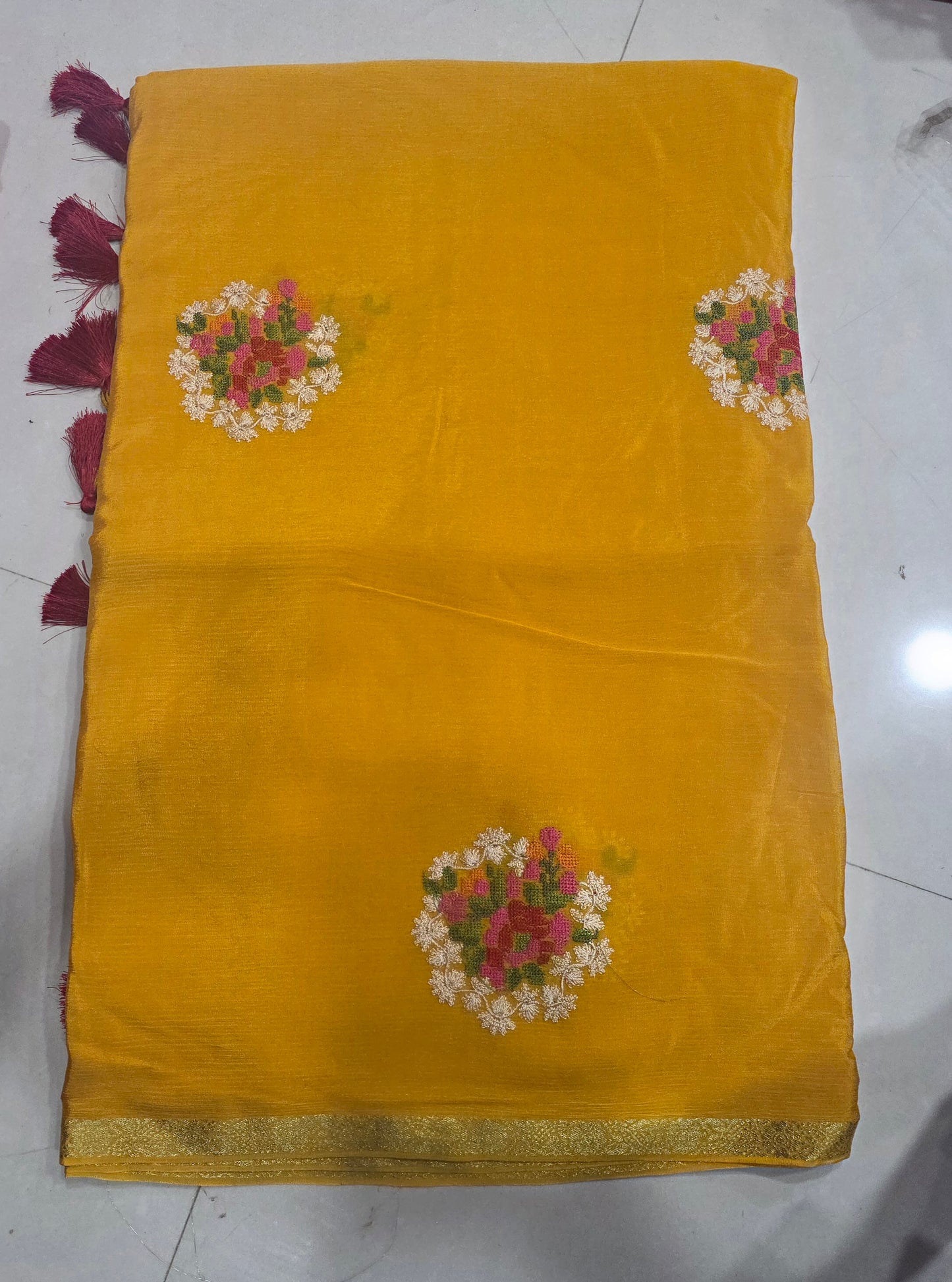 Hand Embroidery Chinnon Sareee || A120 || 2690 ||
